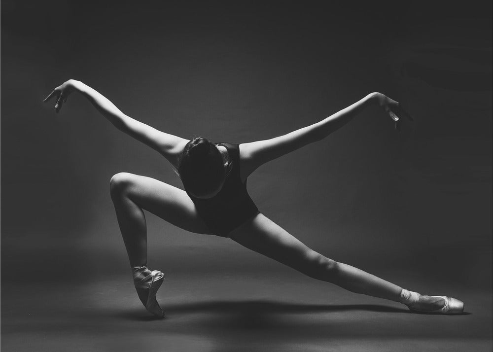 soaring. A ballerina in pointe shoes in a lunge with her arms outstretched like wings - Poster / Art Print