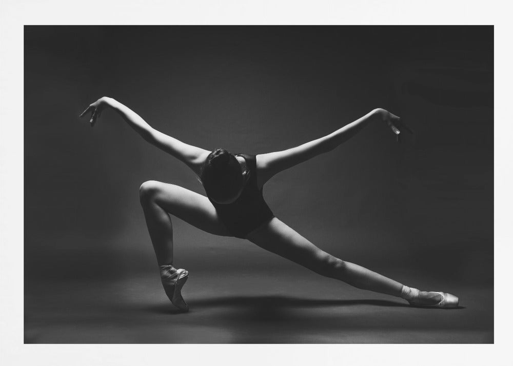 soaring. A ballerina in pointe shoes in a lunge with her arms outstretched like wings - Poster / Art Print