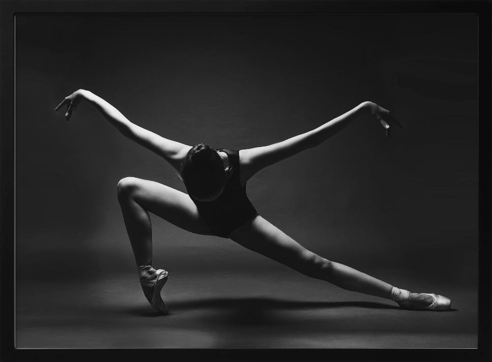 soaring. A ballerina in pointe shoes in a lunge with her arms outstretched like wings - Poster / Art Print