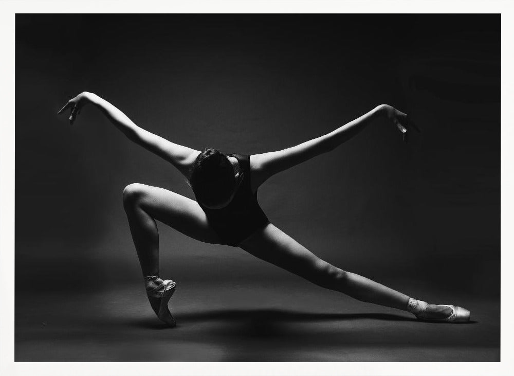 soaring. A ballerina in pointe shoes in a lunge with her arms outstretched like wings - Poster / Art Print