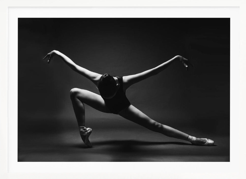 soaring. A ballerina in pointe shoes in a lunge with her arms outstretched like wings - Poster / Art Print