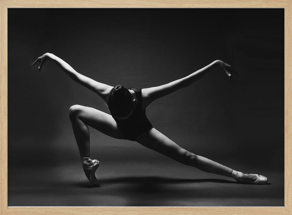 soaring. A ballerina in pointe shoes in a lunge with her arms outstretched like wings - Poster / Art Print