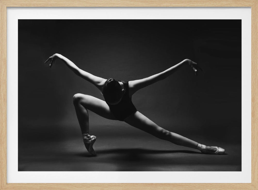 soaring. A ballerina in pointe shoes in a lunge with her arms outstretched like wings - Poster / Art Print