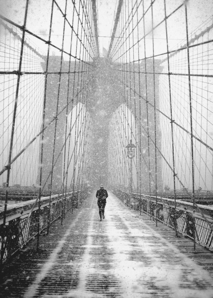 New York Walker in Blizzard - Brooklyn Bridge - Poster / Art Print