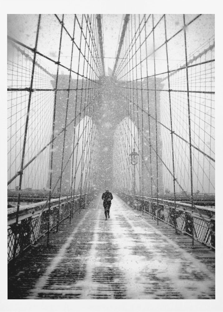 New York Walker in Blizzard - Brooklyn Bridge - Poster / Art Print