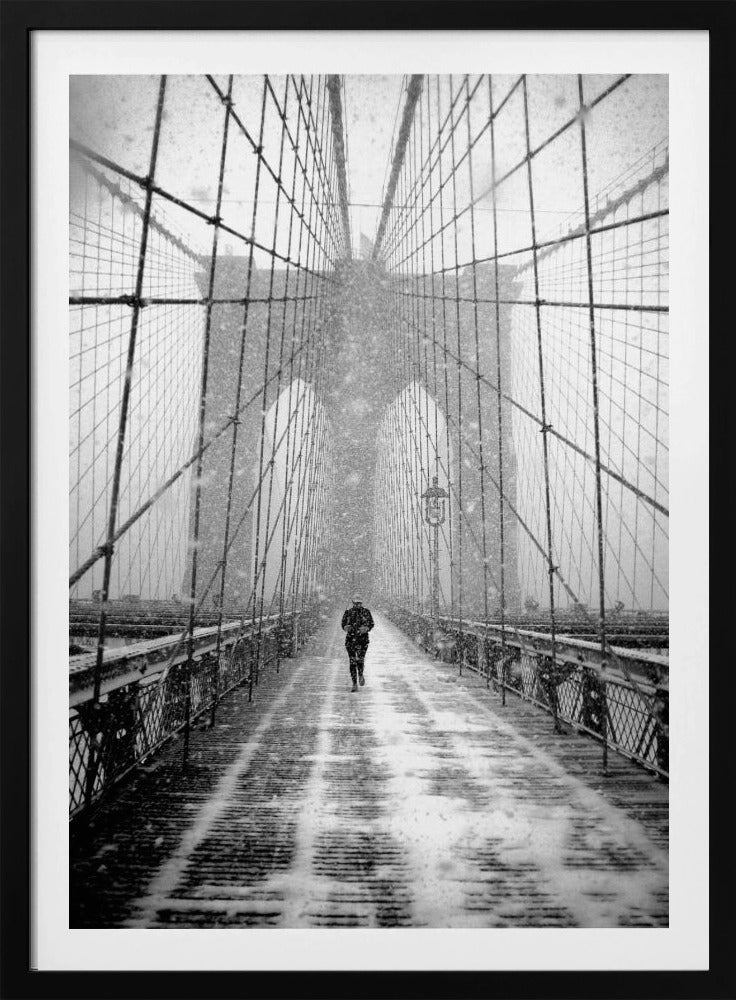 New York Walker in Blizzard - Brooklyn Bridge - Poster / Art Print
