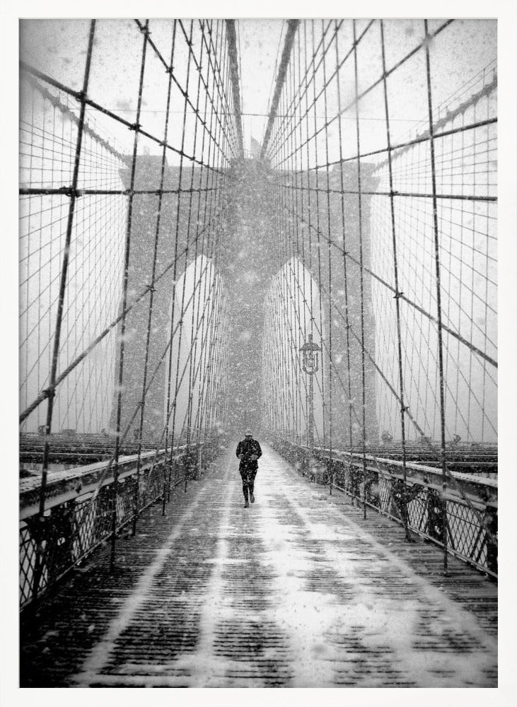 New York Walker in Blizzard - Brooklyn Bridge - Poster / Art Print