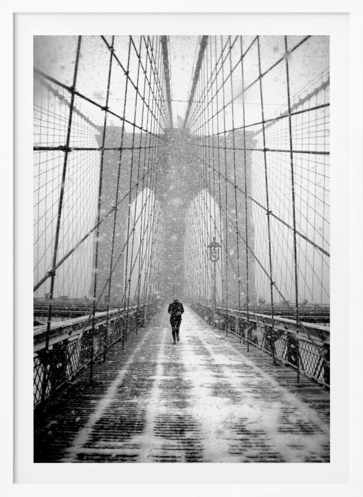 New York Walker in Blizzard - Brooklyn Bridge - Poster / Art Print