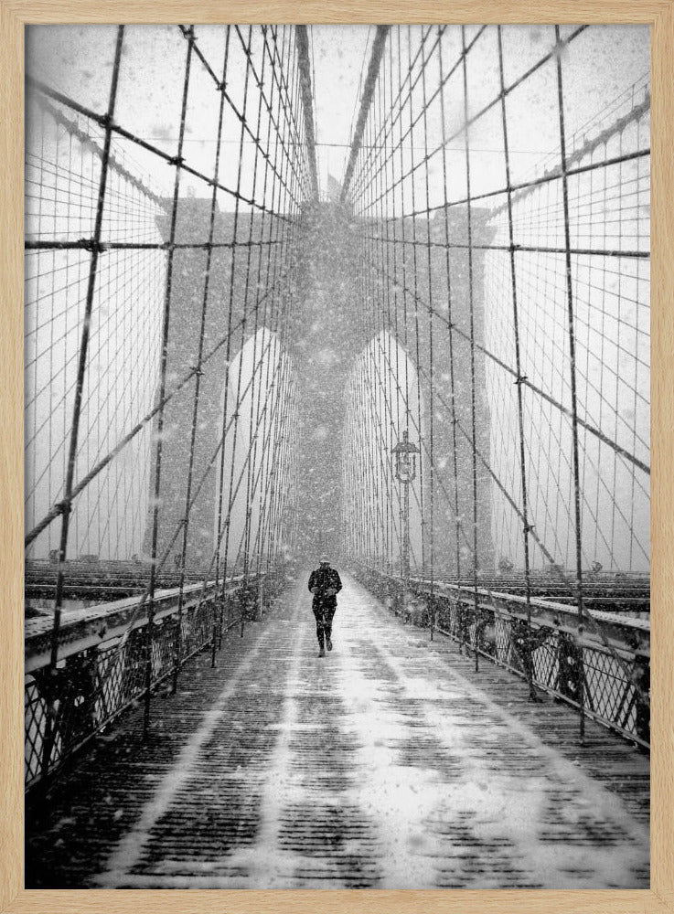 New York Walker in Blizzard - Brooklyn Bridge - Poster / Art Print