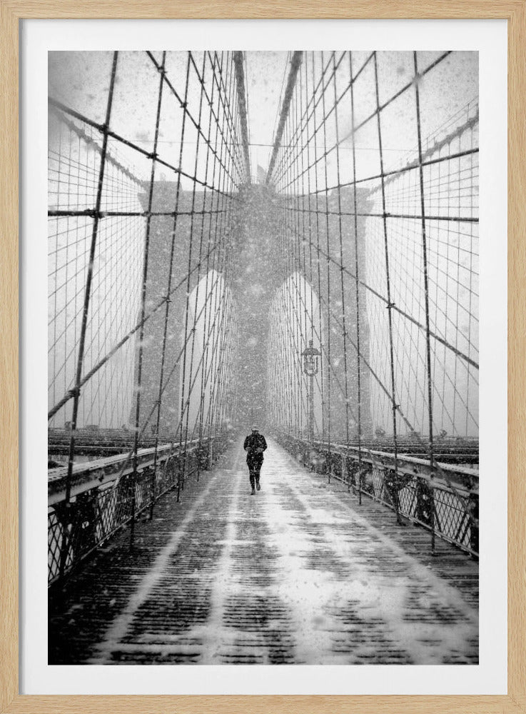 New York Walker in Blizzard - Brooklyn Bridge - Poster / Art Print