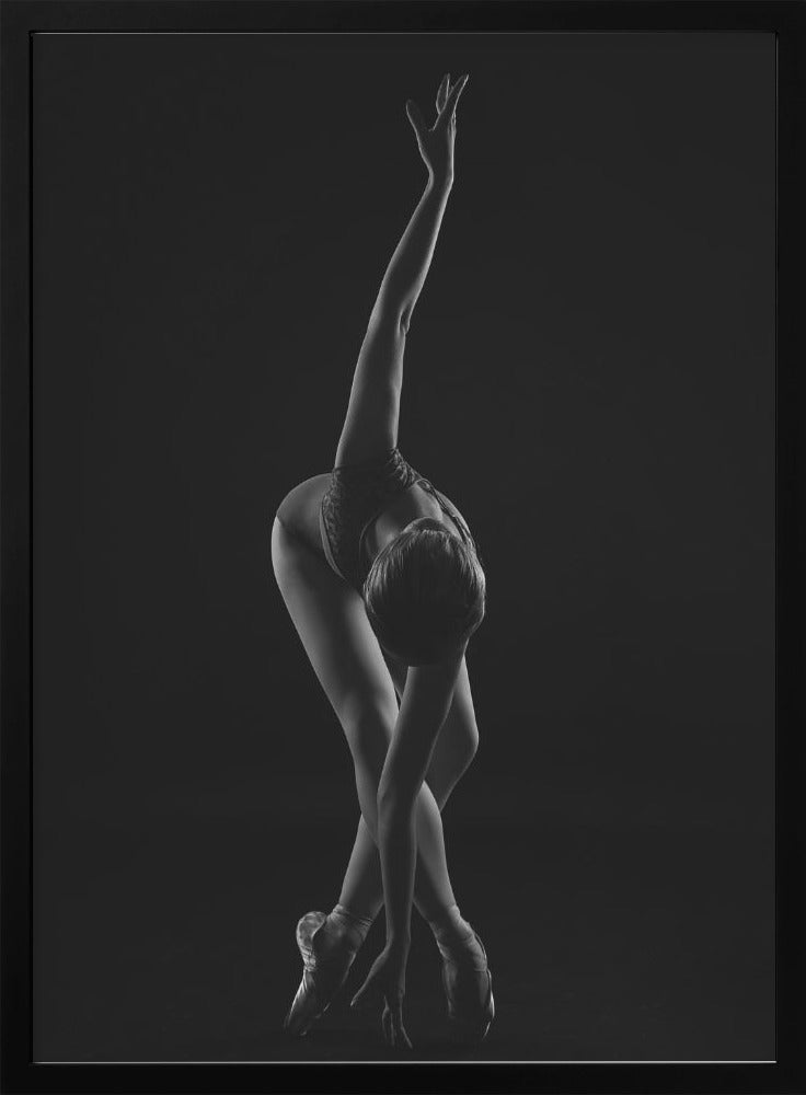 strings. the ballerina is standing on pointe shoes leaning forward and wrapping her arm around - Poster / Art Print