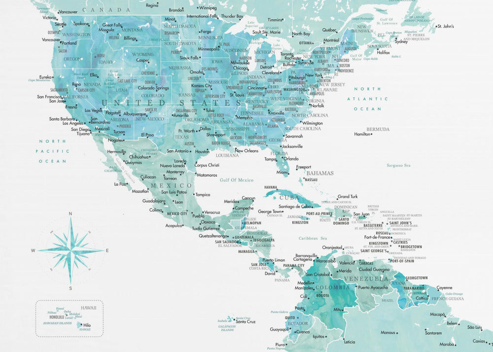 Aquamarine map of USA and Mexico - Poster / Art Print