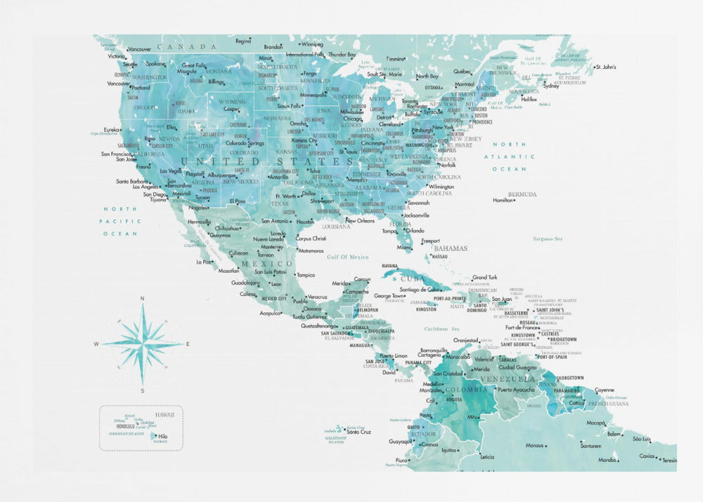 Aquamarine map of USA and Mexico - Poster / Art Print