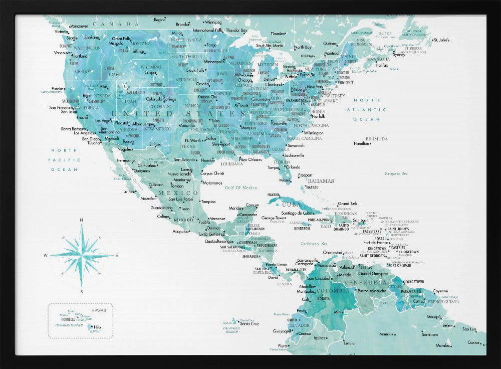 Aquamarine map of USA and Mexico - Poster / Art Print