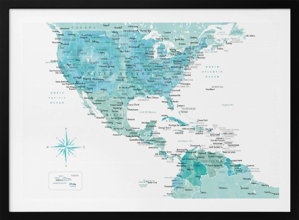 Aquamarine map of USA and Mexico - Poster / Art Print