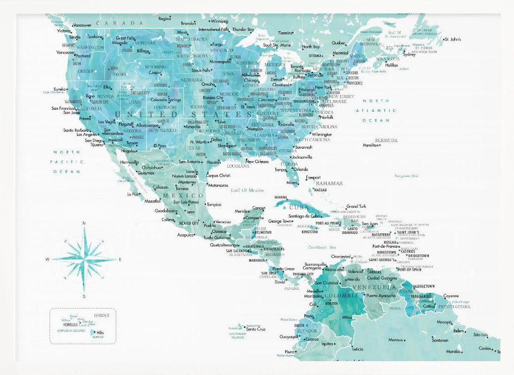 Aquamarine map of USA and Mexico - Poster / Art Print