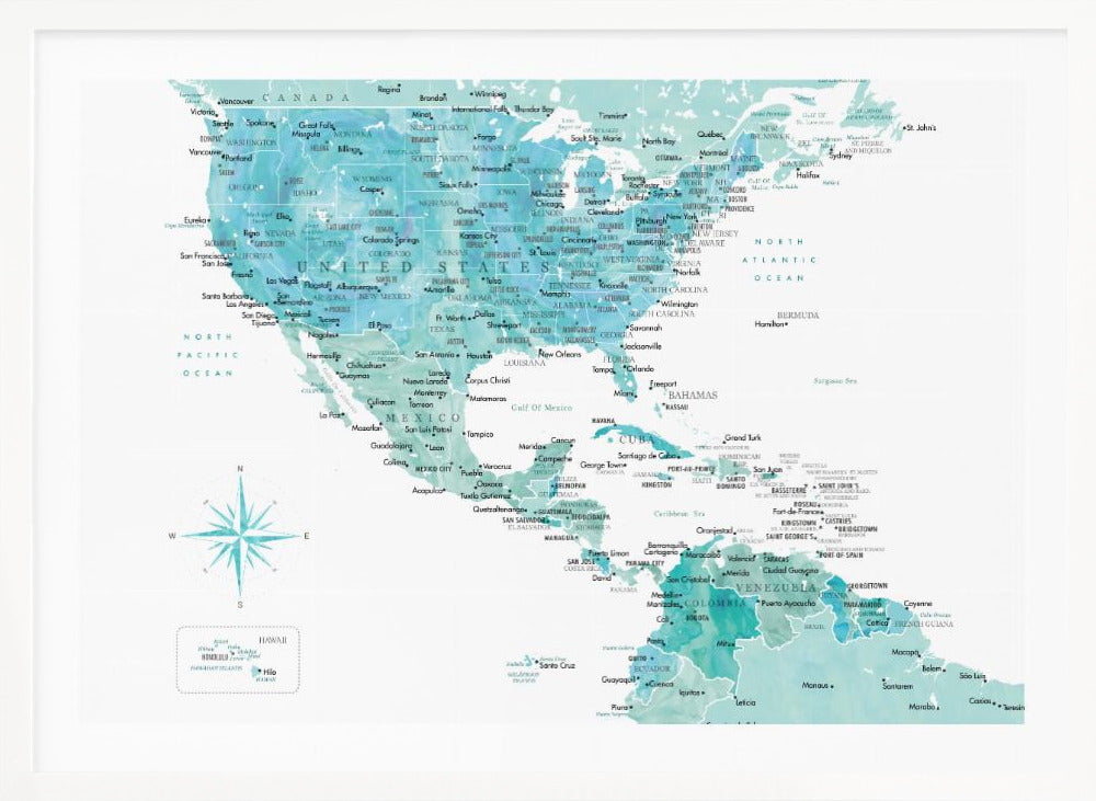 Aquamarine map of USA and Mexico - Poster / Art Print