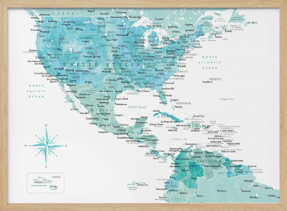 Aquamarine map of USA and Mexico - Poster / Art Print