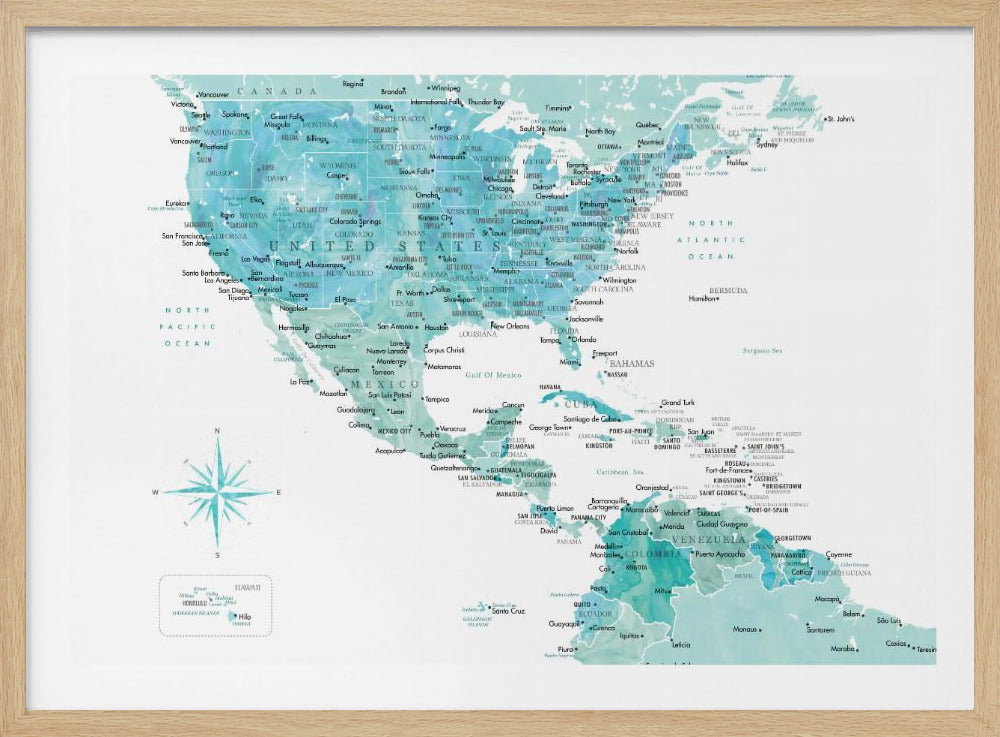 Aquamarine map of USA and Mexico - Poster / Art Print