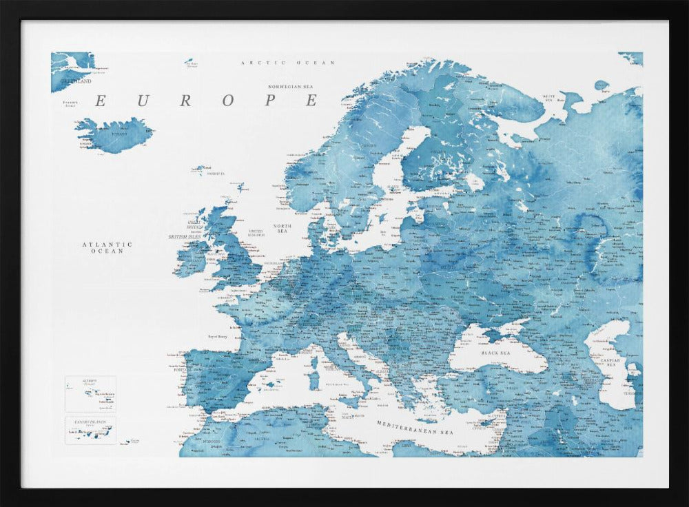Blue detaljerade Europakarta - Poster / Art Print