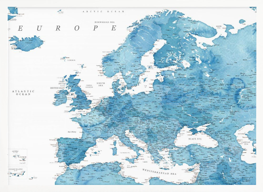 Blue detaljerade Europakarta - Poster / Art Print