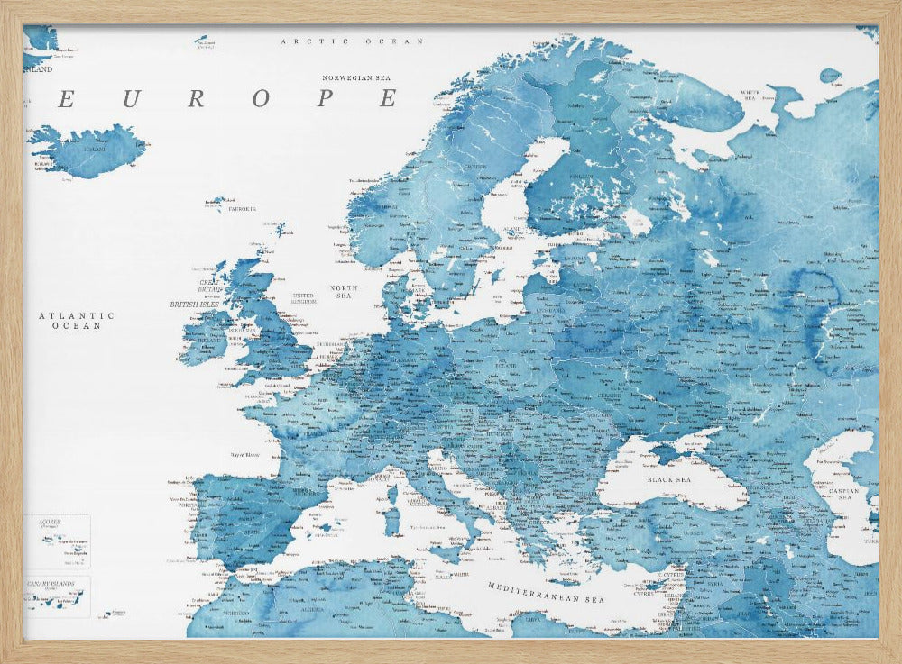Blue detaljerade Europakarta - Poster / Art Print