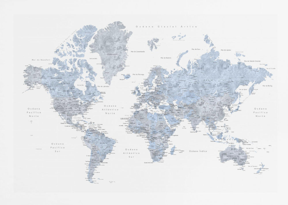 Blue världskarta på Spanska - Poster / Art Print