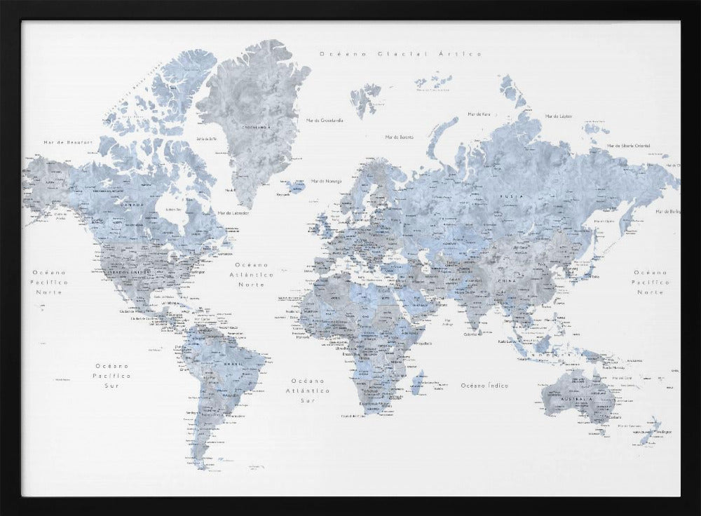 Blue världskarta på Spanska - Poster / Art Print