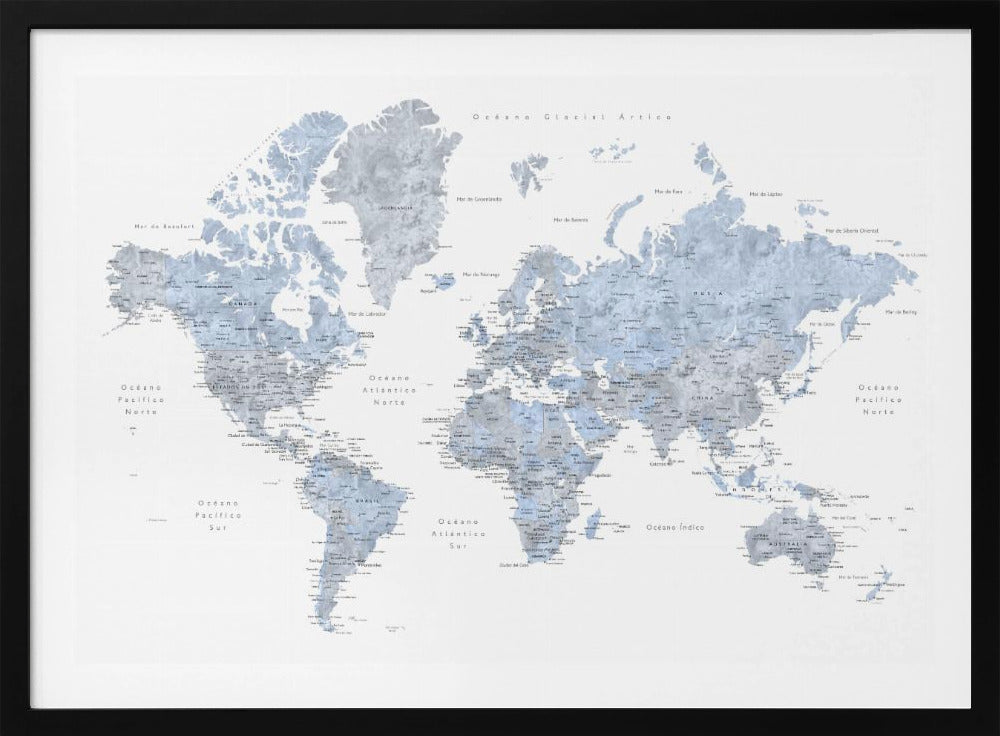 Blue världskarta på Spanska - Poster / Art Print