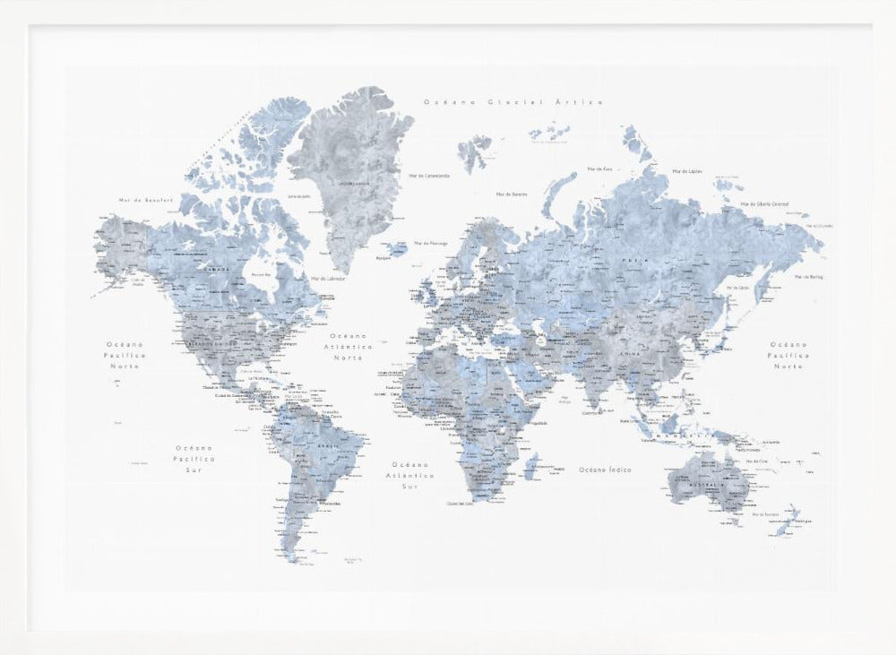Blue världskarta på Spanska - Poster / Art Print