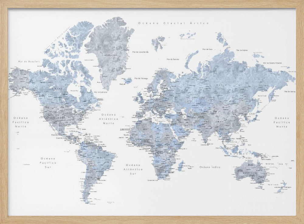 Blue världskarta på Spanska - Poster / Art Print