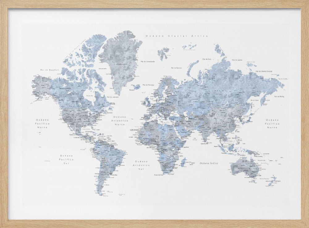 Blue världskarta på Spanska - Poster / Art Print