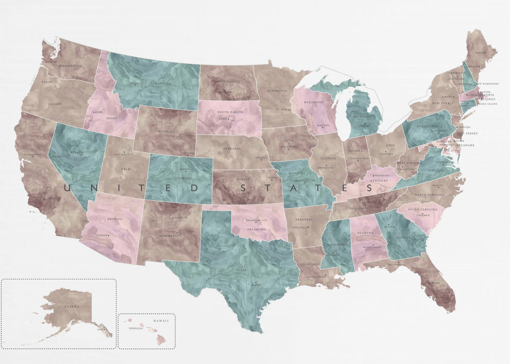 Pink and teal watercolor map of the US - Poster / Art Print