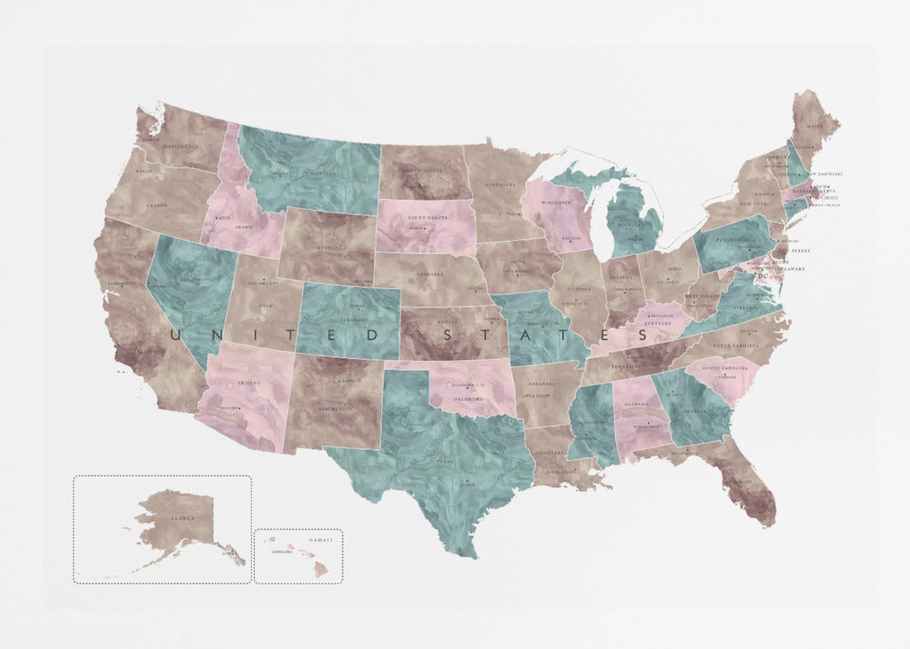 Pink and teal watercolor map of the US - Poster / Art Print