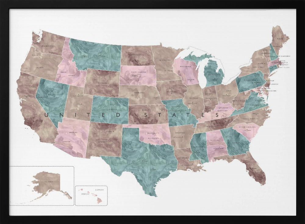 Pink and teal watercolor map of the US - Poster / Art Print