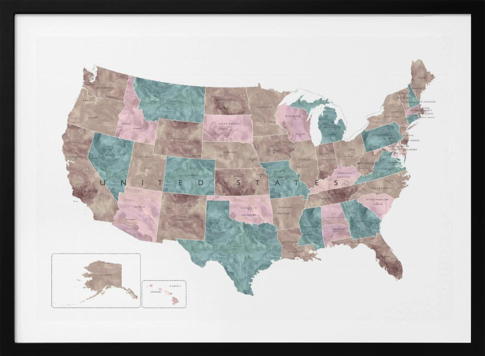Pink and teal watercolor map of the US - Poster / Art Print