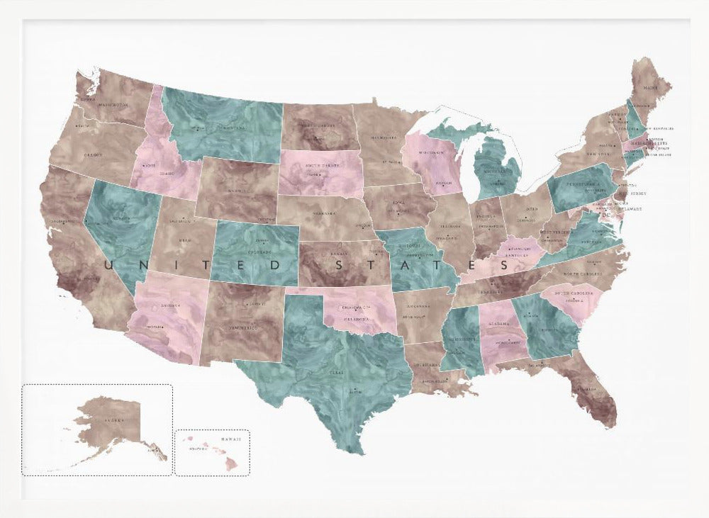 Pink and teal watercolor map of the US - Poster / Art Print