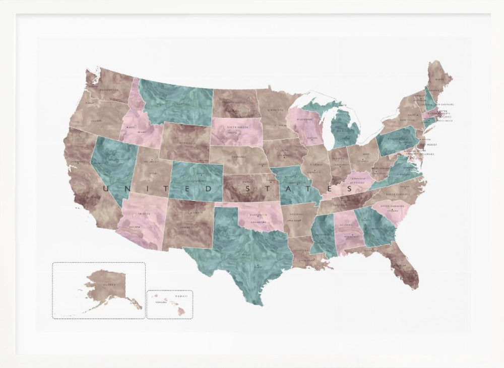 Pink and teal watercolor map of the US - Poster / Art Print