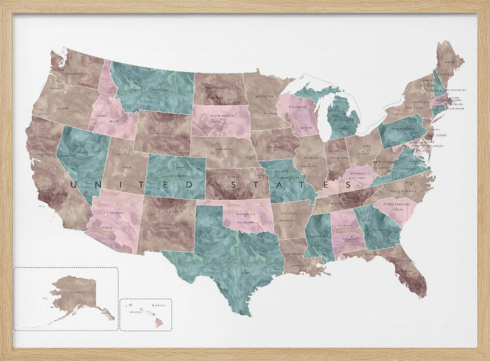 Pink and teal watercolor map of the US - Poster / Art Print