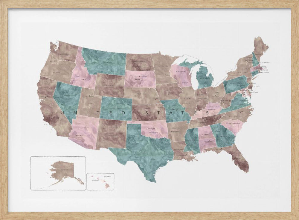Pink and teal watercolor map of the US - Poster / Art Print