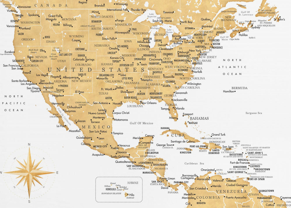 Gyllene karta av USA och Mexico - Poster / Art Print