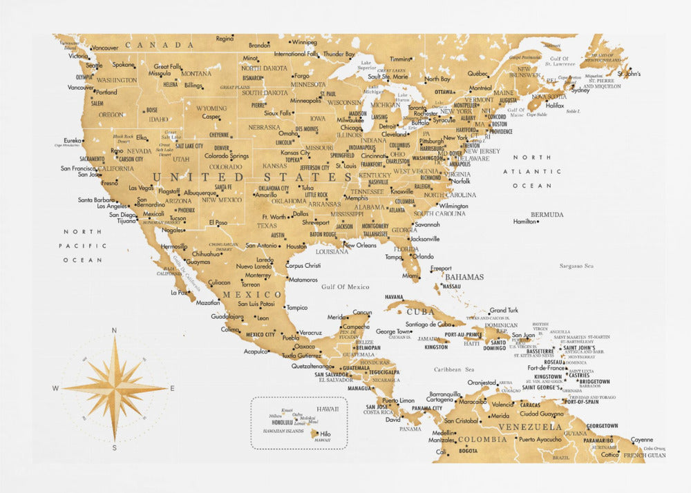 Gyllene karta av USA och Mexico - Poster / Art Print
