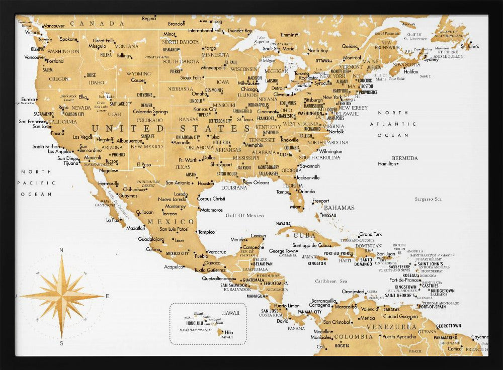 Gyllene karta av USA och Mexico - Poster / Art Print