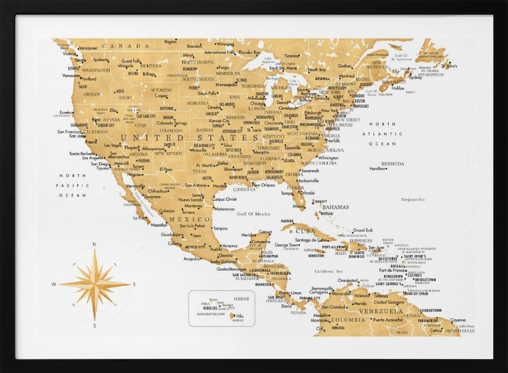 Gyllene karta av USA och Mexico - Poster / Art Print