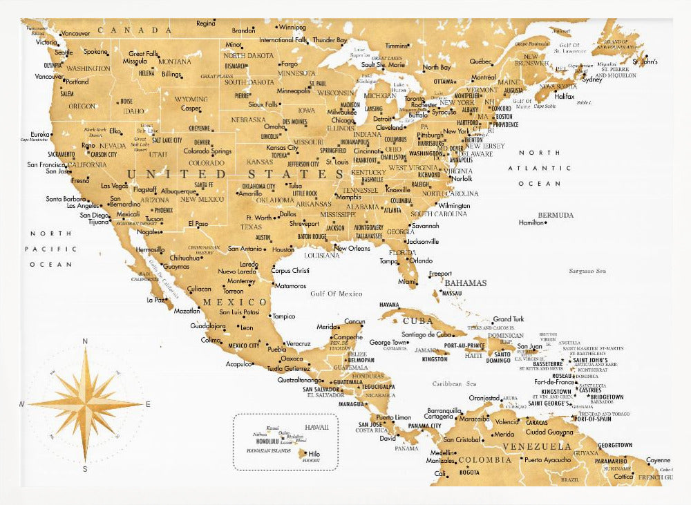 Gyllene karta av USA och Mexico - Poster / Art Print
