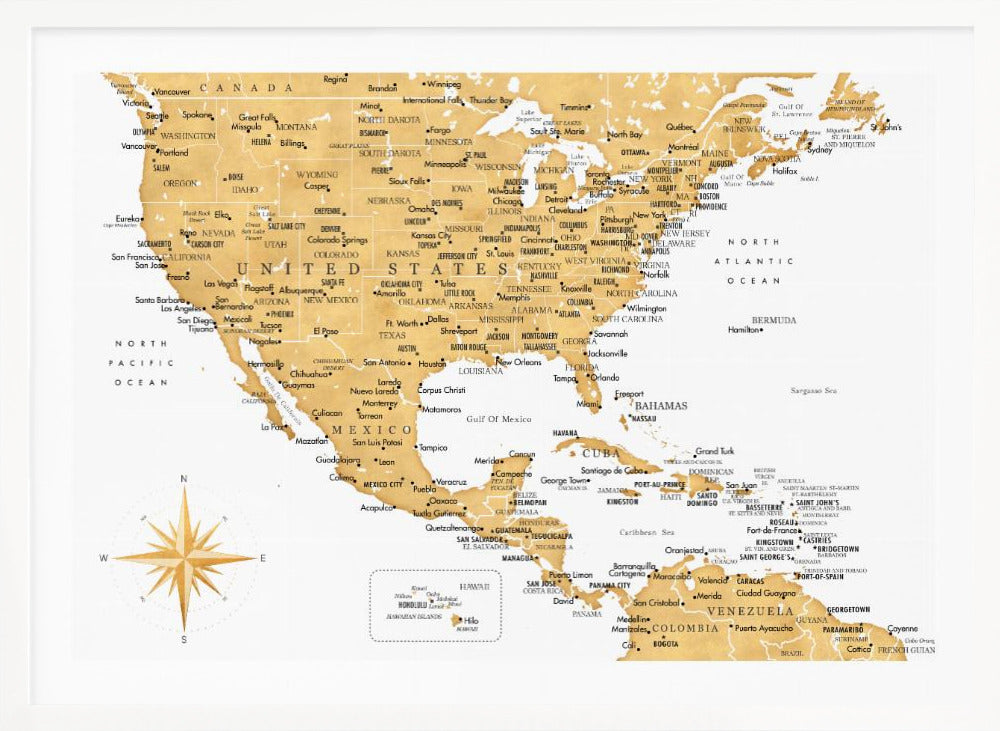 Gyllene karta av USA och Mexico - Poster / Art Print