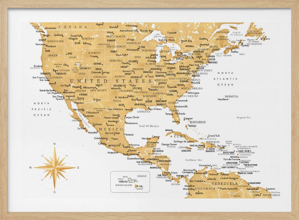 Gyllene karta av USA och Mexico - Poster / Art Print