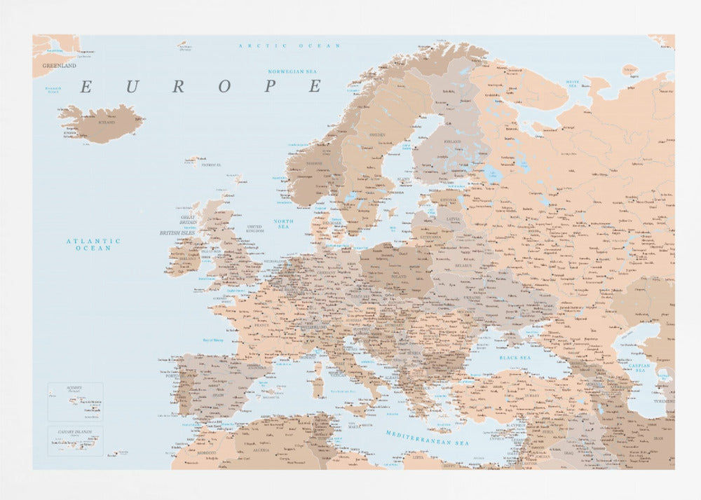 Neutral detaljerad karta av Europa - Poster / Art Print
