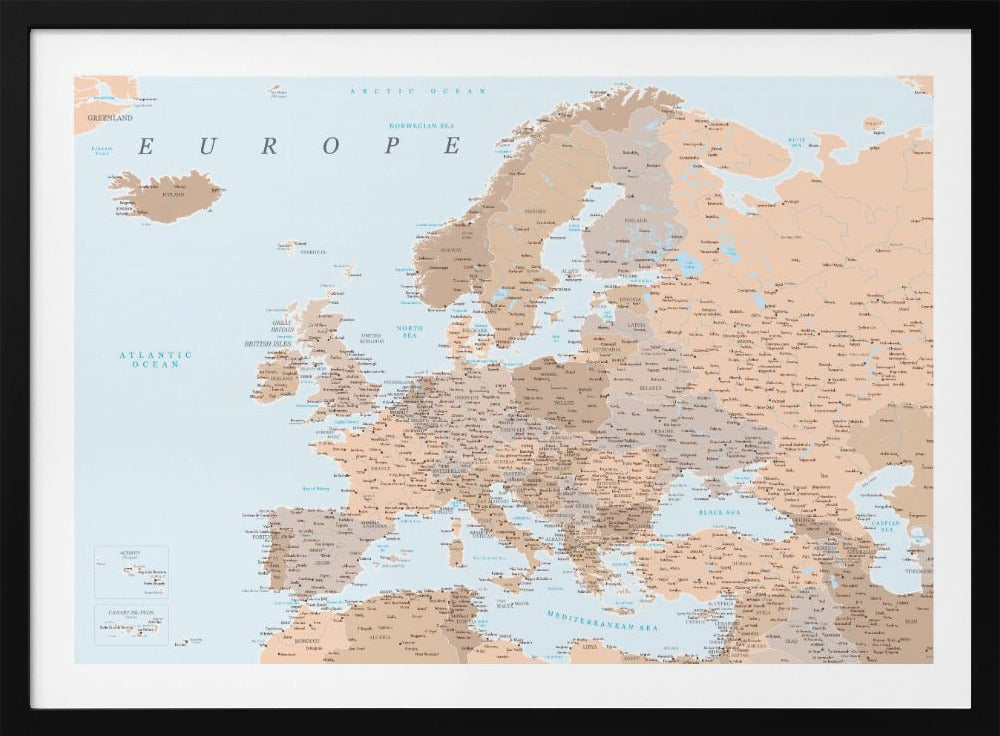 Neutral detaljerad karta av Europa - Poster / Art Print