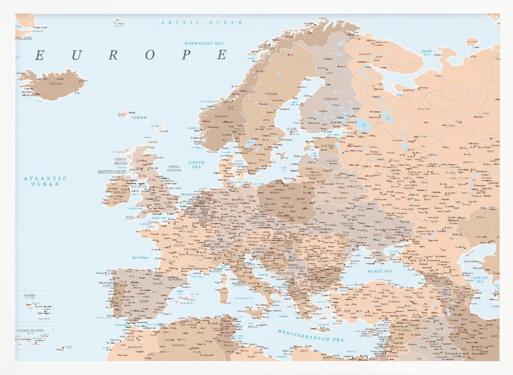 Neutral detaljerad karta av Europa - Poster / Art Print